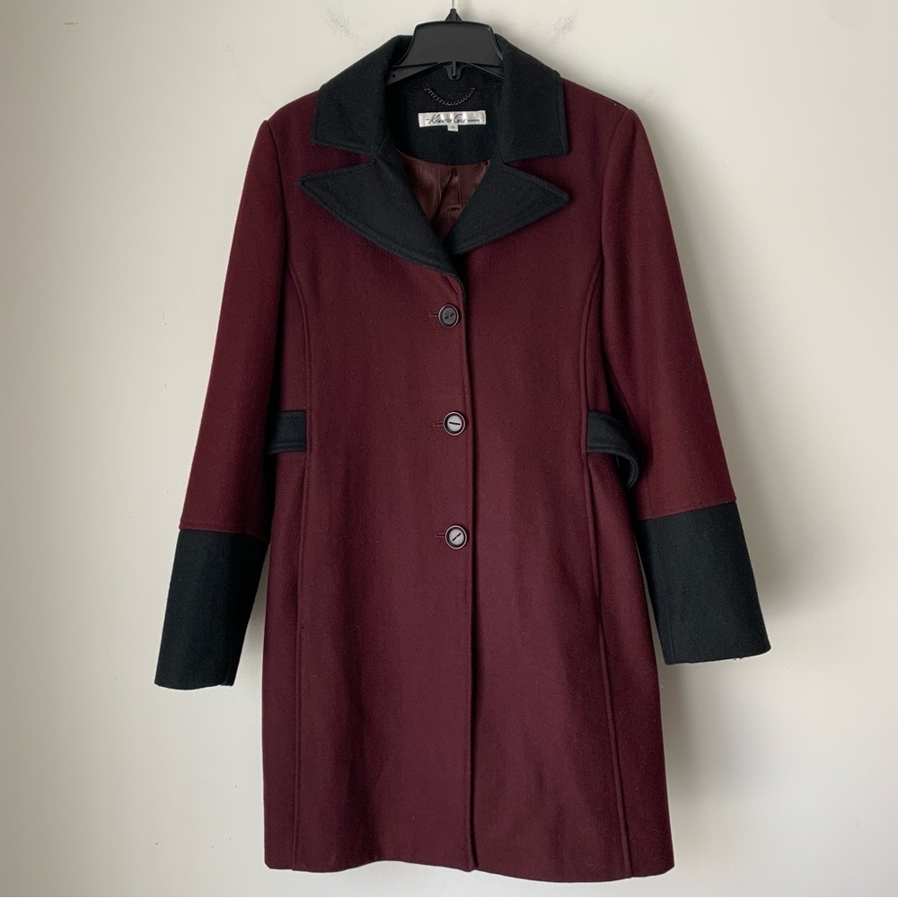 KENNETH Cole Wool Blend Burgundy Black long dress coat Size 12